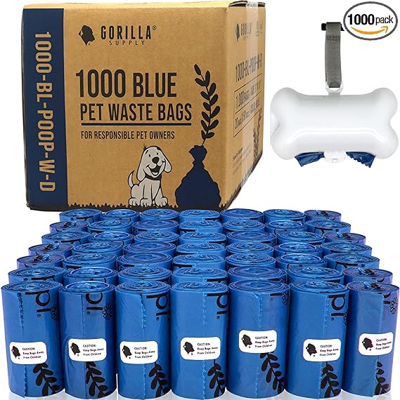 GORILLA SUPPLY Dog Poop Waste Bags with Dispenser and Leash Tie, 9" x 13", Blue, 1000 Count