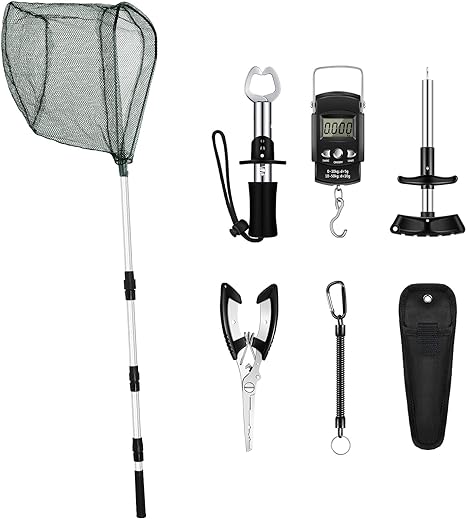 Hungdao 7 Pcs Fishing Tool Kit Include Fishing Landing Net, Digital Fish Scale, Fish Grips, Fish Hook Remover Tool, Fishing Pliers, Fishing Lanyards Fishing Gear for Fishermen (Black, 51.2 Inches)