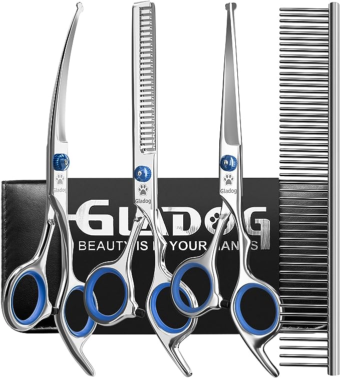 GLADOG Professional 5 in 1 Dog Grooming Scissors Set with Safety Round Tips, Sharp and Durable Pet Grooming Shears for Cats