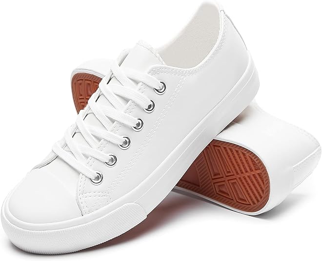 Women's White PU Leather Sneakers Low Top Tennis Shoes Lace up Casual Walking Shoes
