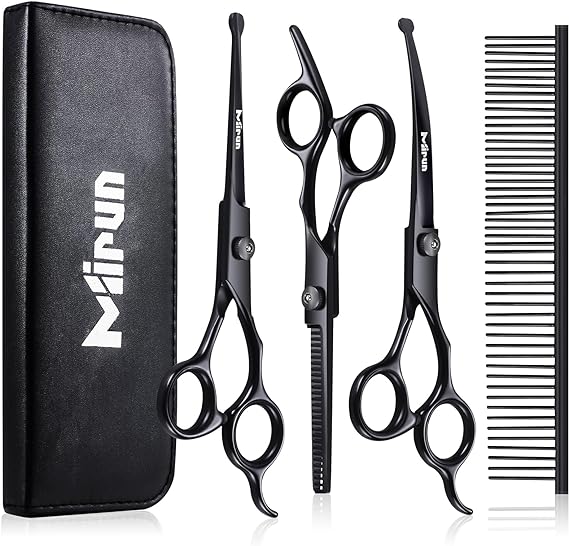 Dog Grooming Kit, 5-in-1 Titanium-plated Stainless Steel Dog Grooming Scissors, Dog Scissors for Grooming with Safety Round Tip, Grooming Scissors for Dogs & Cats, Sharp & Durable Cat Grooming Kit