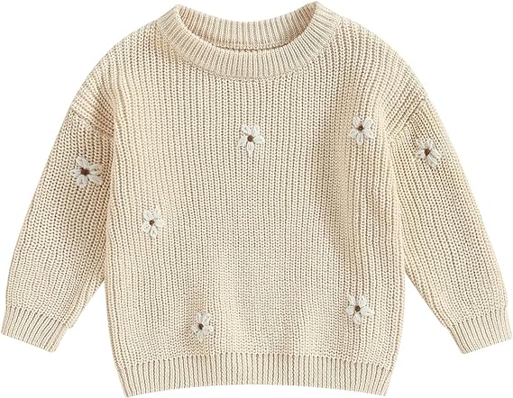 Toddler Baby Girl Knit Sweater Round Neck Long Sleeve Floral Embroidery Warm Pullover Tops Infant Fall Winter Clothes