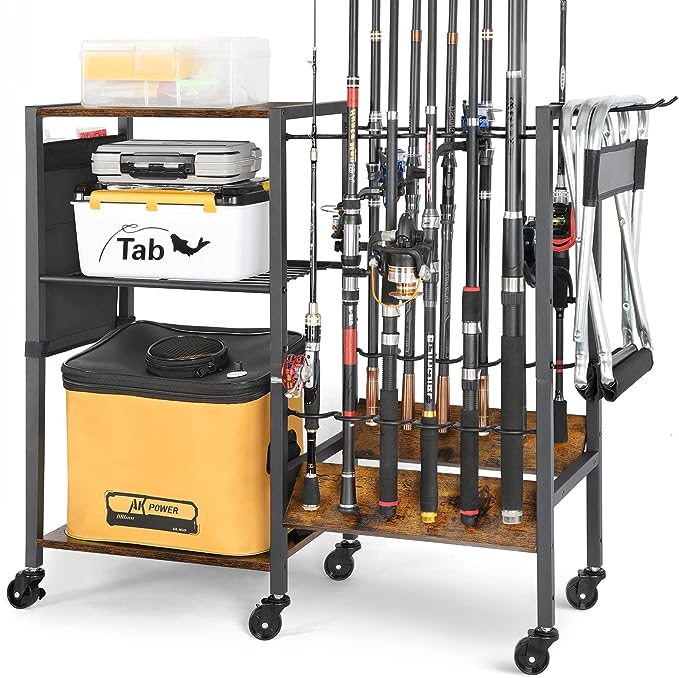 Olakee Fishing Rod Holders Fishing Gear Fishing Equipment Organizers Fishing Pole Holders up to 12 Rods Fishing Rod Tackle Cart for Garage Home Entryway Corner