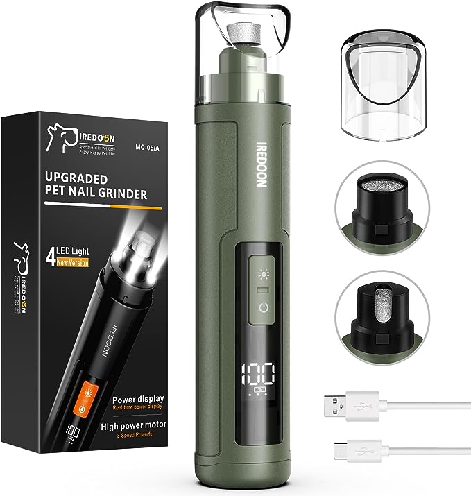 IREDOON Pet Dog Nail Grinder, Professional 3-Speed Mode Electric Rechargeable Pet Nail Trimmer Clipper with 4 LED Lights (Matte Green)