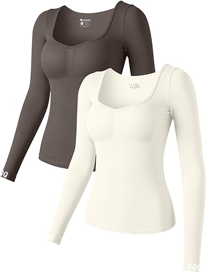 OQQ Women 2 Piece Long Sleeve Tops Seamless Stretch Fitted Underscrubs Layer Tee Shirts Tops