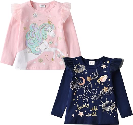 VIKITA Kids Girls Shirts Winter Long Sleeve Tees Toddler Graphic Tops for Daily Wearing for 2-8 Years Kids, Multipack Tees