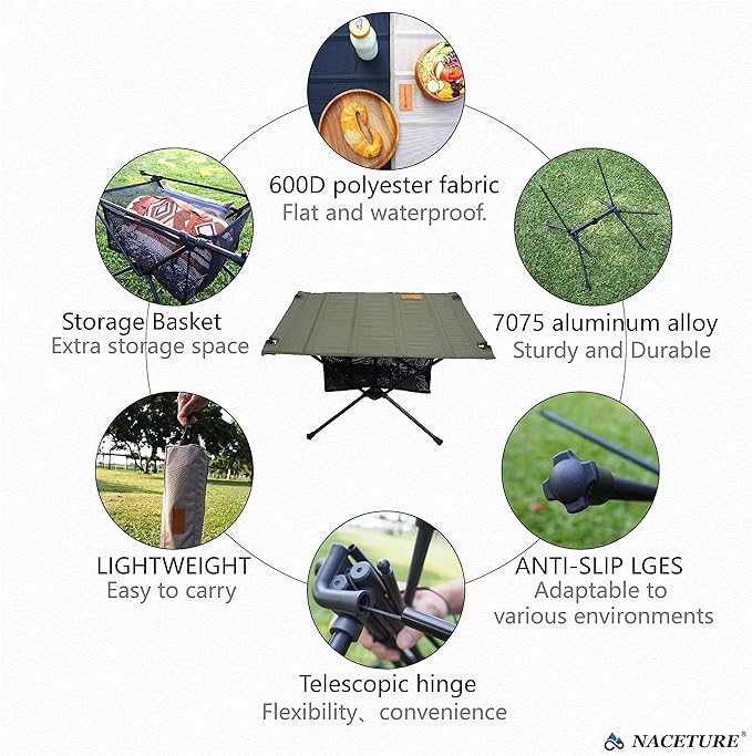 NACETURE Ultralight Backpacking Table - Collapsible Camping Table with Storage Mesh for Camping Gear, Hiking Table and Mountaineering Table, Camp Table for Accessories and Outdoor Travel (Green)