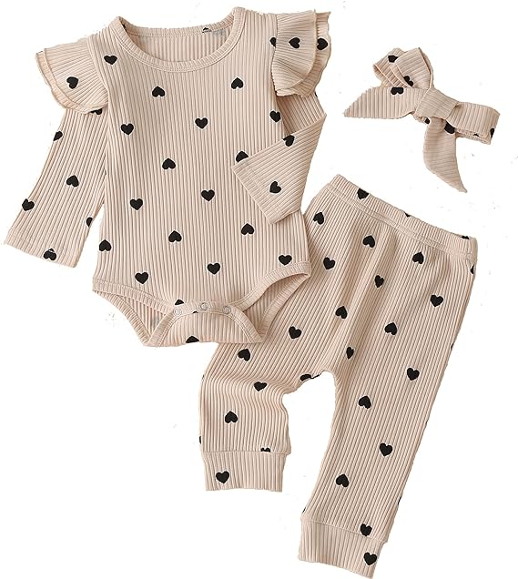 Fullfamous Baby Girl's 3pc Rib Frill Long Sleeve Romper and Pant Set