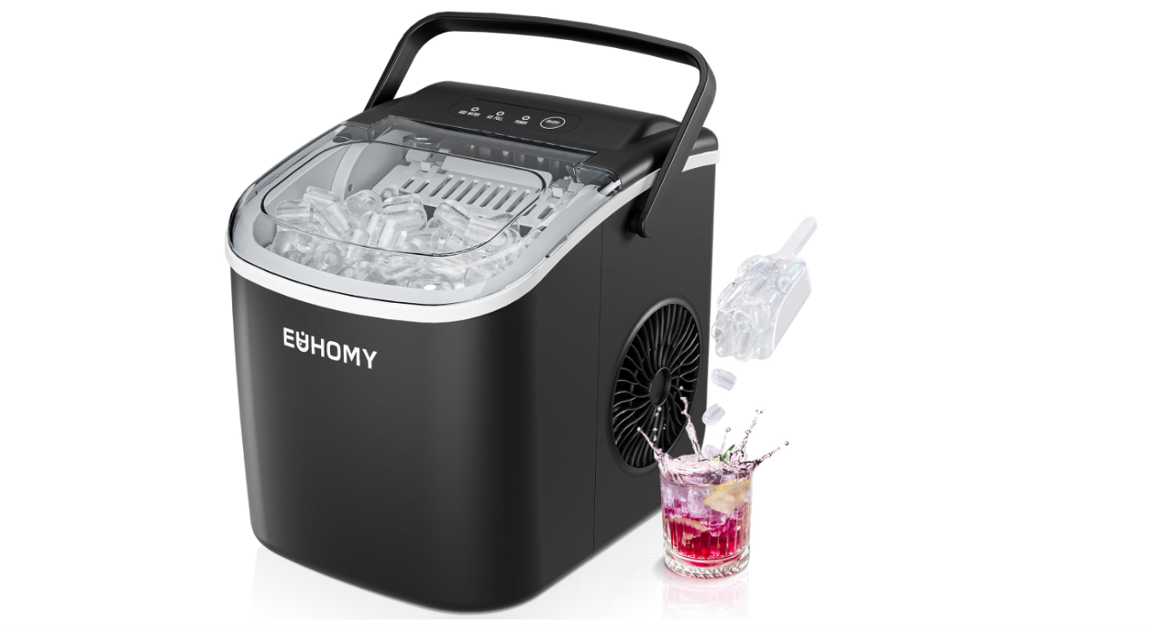 EUHOMY Countertop Ice Maker Machine with Handle, 26lbs in 24Hrs, 9 Ice Cubes Ready in 6 Mins, Auto-Cleaning Portable Ice Maker with Basket and Scoop, for Home/Kitchen/Camping/RV. (Black)