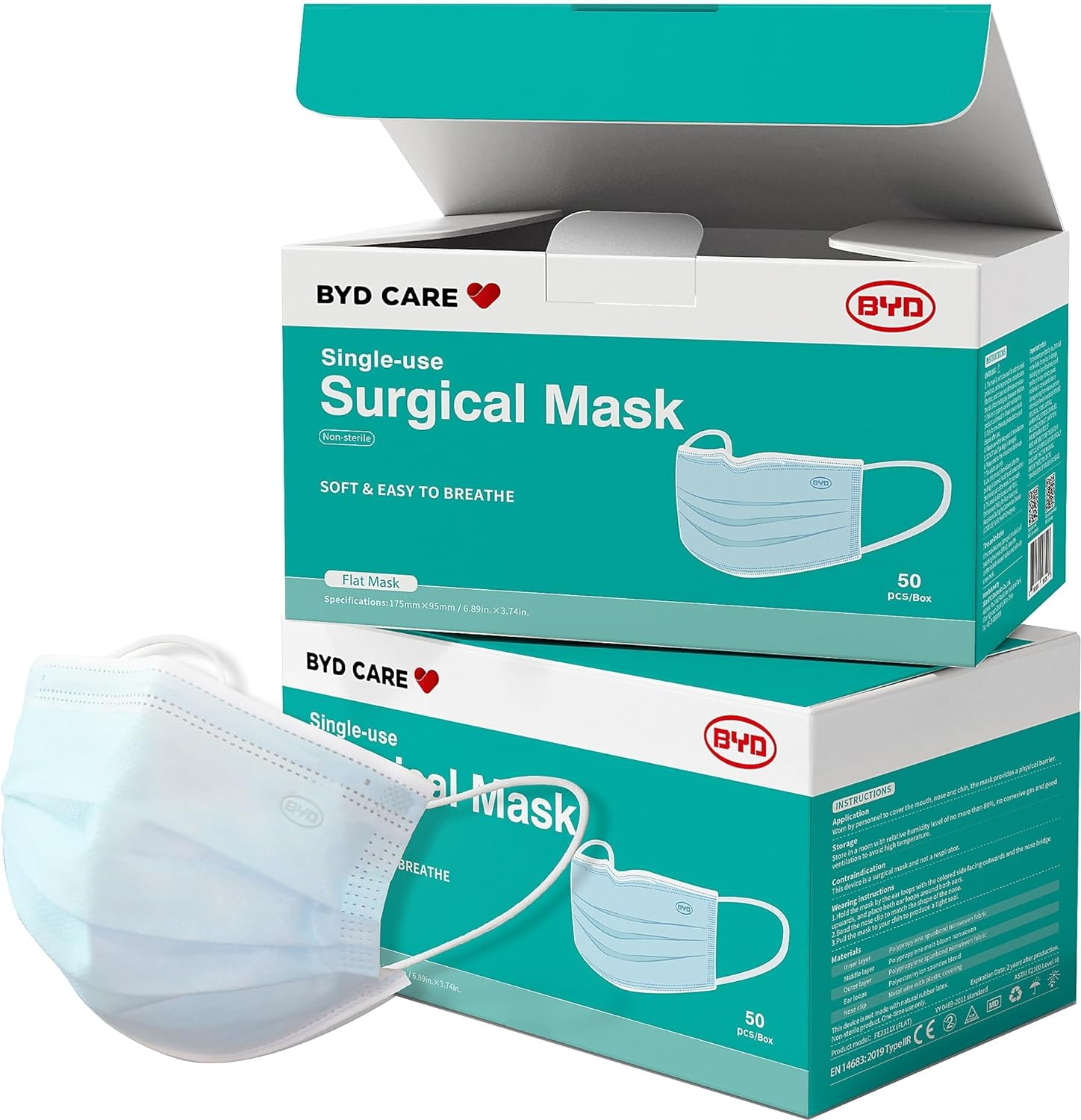 100PCS(2 Box) 3-Layer BYD Blue Disposable Face Masks,Medical Grade ASTM F2100-2019 Level 3 - for Home & Office,Breathable & Comfortable Filter,Adjustable Metal Noseclip,Super Elastic Earloops to Tight