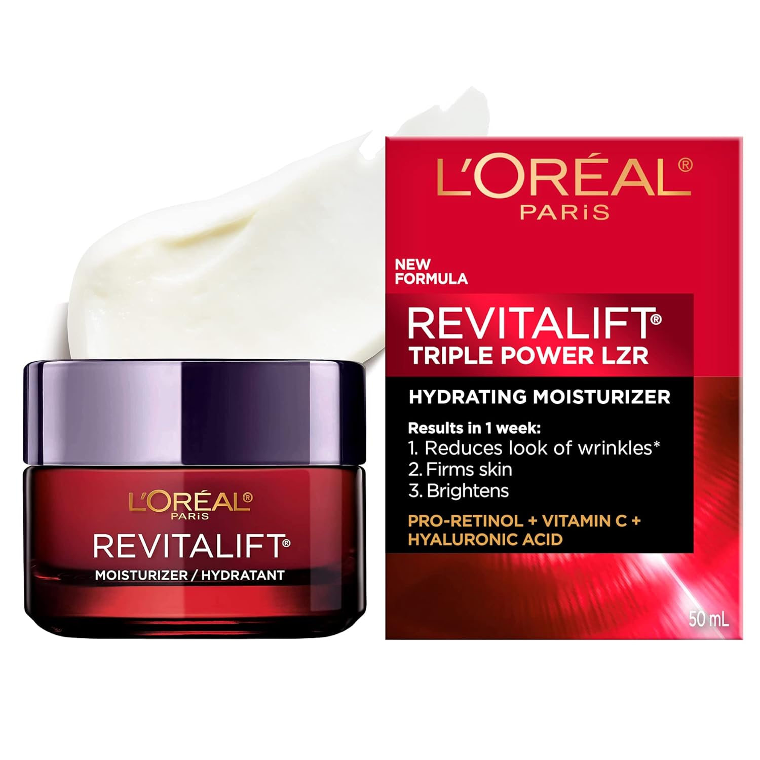 L'Oreal Paris Revitalift Triple Power Anti-Aging Face Moisturizer, Pro Retinol, Hyaluronic Acid & Vitamin C to Reduce Wrinkles, Firm & Brighten Skin, 1.7 Oz