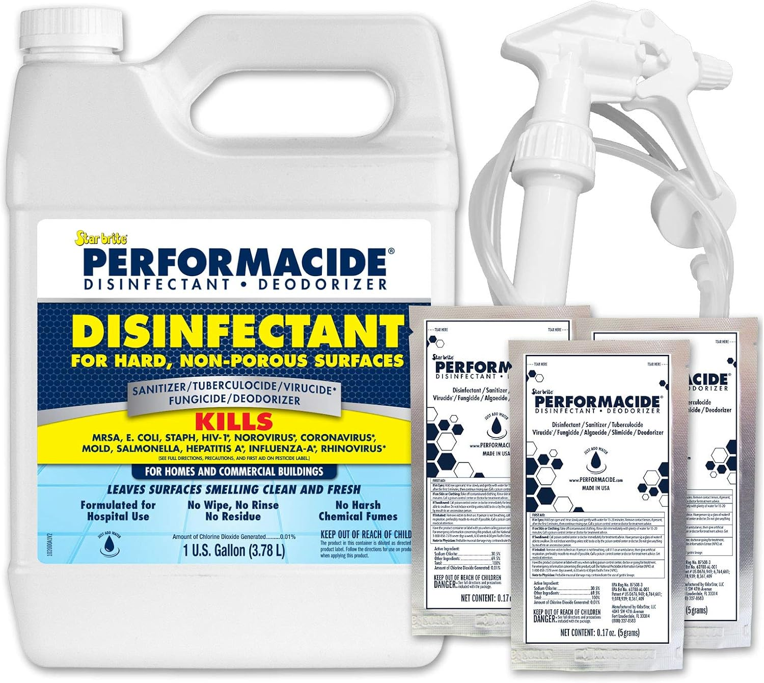 STAR BRITE PERFORMACIDE Disinfectant - Kills COVID-19 Virus in 30 Seconds - No Rinse, No Wipe, No Residue - Just Add Water - Gallon Kit with 3 Refill Pouches & Sprayer (102000)