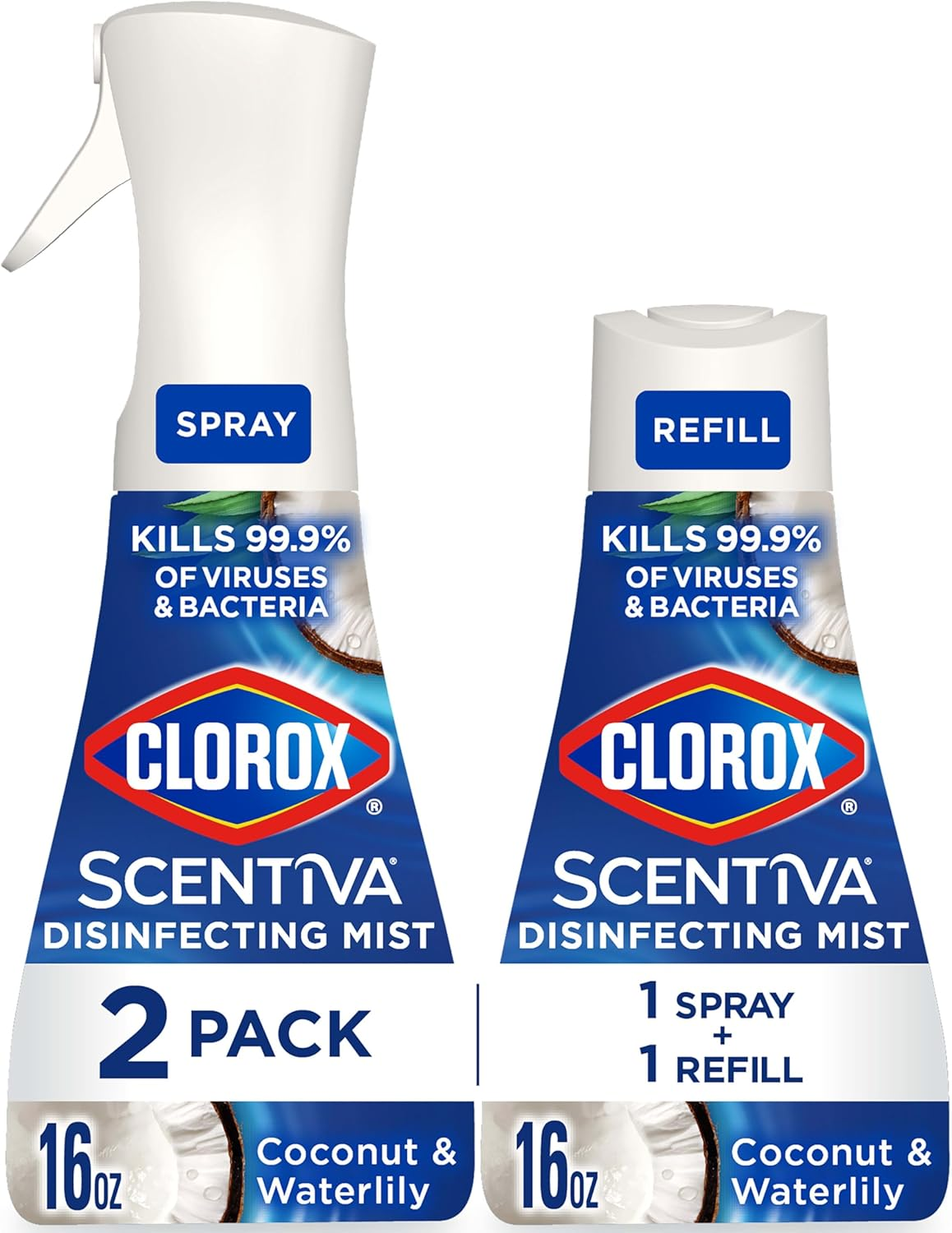 Clorox Scentiva Disinfecting Mist, Coconut and Waterlily, 1 Spray and 1 Refill, 16 oz Each