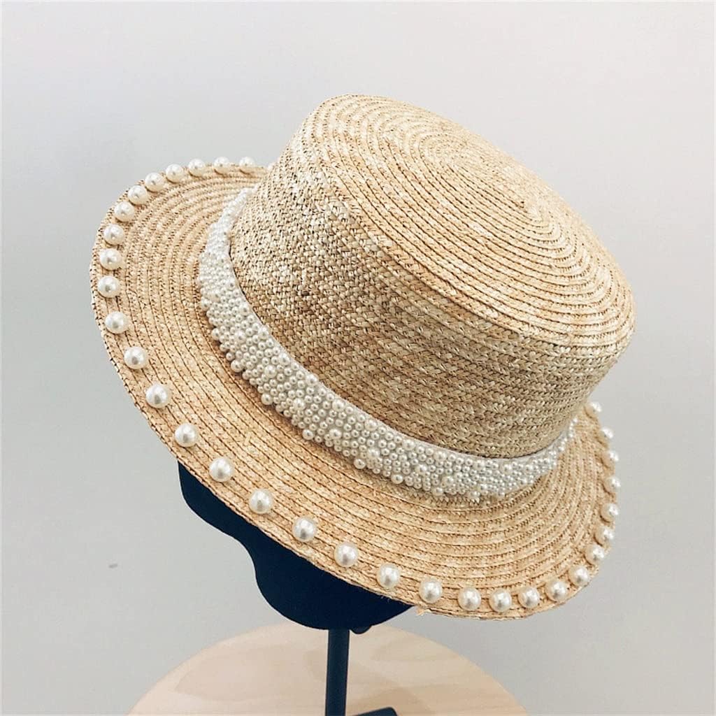 EYHLKM Handmade Pearls Trim Straw Hat 6cm Short Brim Flat Top Sun Beach Caps Female Boater Hat Lady Occasion Hat