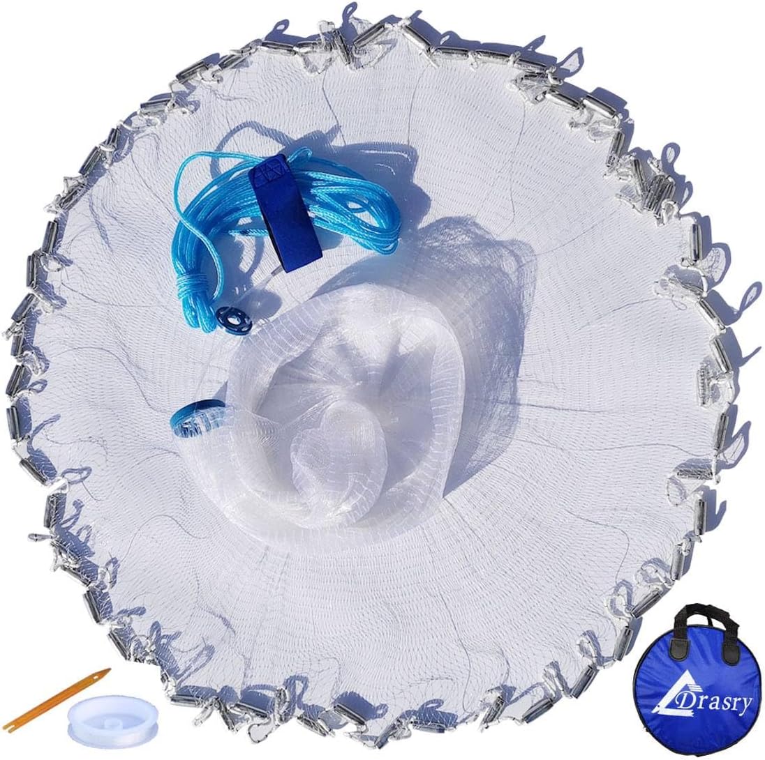 Drasry Saltwater American Fishing Cast Net 3/8inch Mesh Size for Bait Shrimp Trap Fish Heavy Duty Sinkers Throw Net 3FT/4FT/5FT/6FT/7FT/8FT/9FT/10FT Radius
