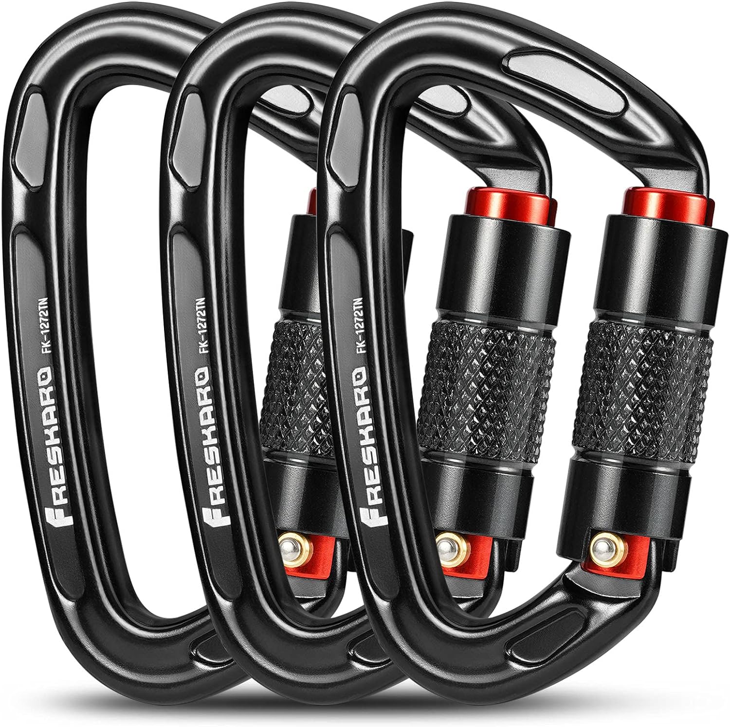 FresKaro UIAA Certified 25KN Auto Locking Climbing Carabiner Clips, Twist Lock, and Heavy Duty Carabiners for Rock Climbing, Rappelling, and Mountaineering, D Shaped 3.93 Inch, Large Size, Black
