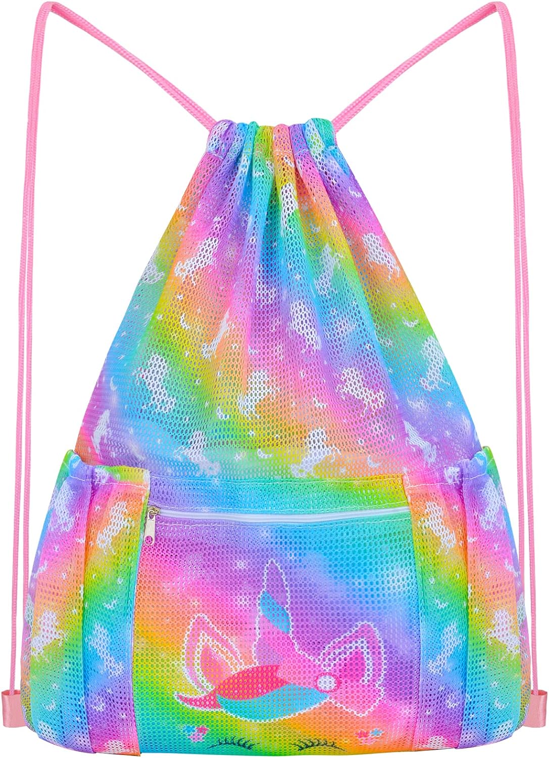 Mesh Drawstring Backpack Bag with Zipper Pocket Beach Bag for Swimming Gear Backpack Gym Storage Bag for Kids Large