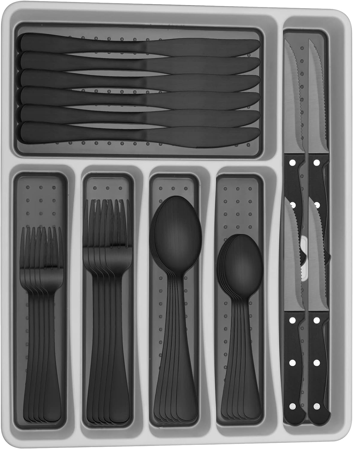 Black Silverware Set, Umite Chef 49-Piece Flatware Set with Drawer Organizer, Durable Stainless Steel Cutlery Set for 8, Tableware Eating Utensils with Steak Knives for Home Restaurant