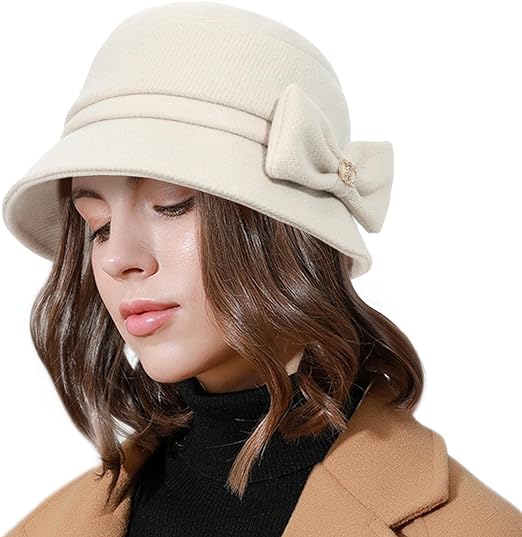 Women's Foldable 1920s Winter Vintage Cloche Bucket Hat with Bowknot Lady Bowler Caps Church Tea Party Hats