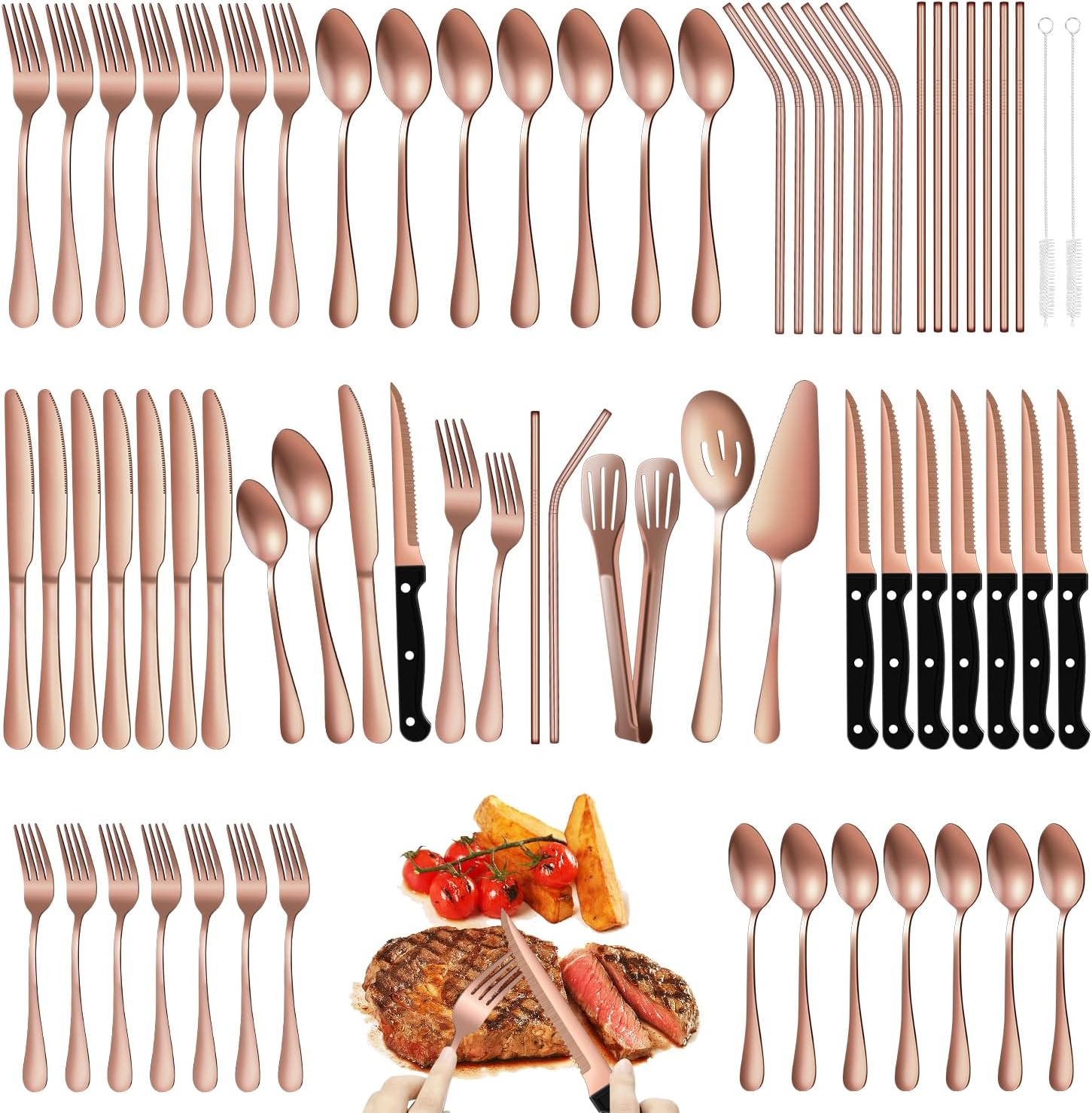 69pcs Rose Gold Silverware Set with Steak Knife Service For 8, Flatware Cutlery Set Stainless Steel Utensils Mirror Polishe Spoon and Fork with Metal Straw,...