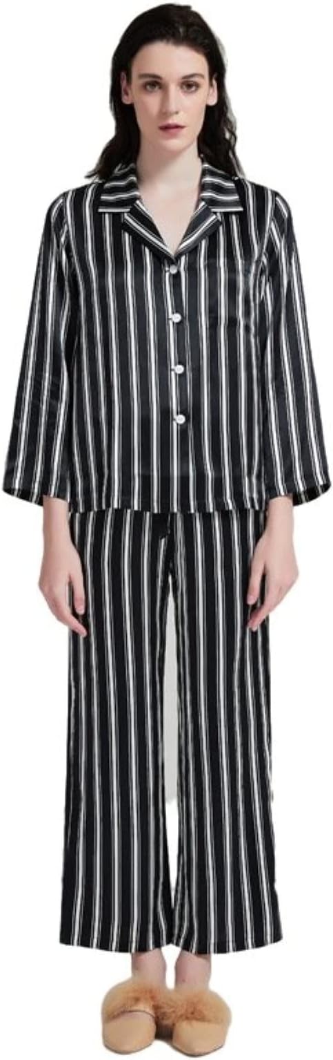Women's Pajamas Long Sleeve Pants Set Black and White Striped 100% Mulberry Silk Loungewear