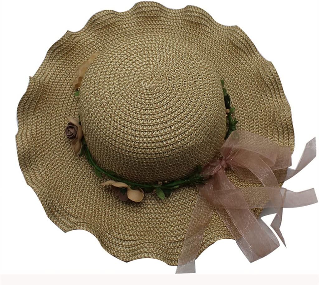 SHZBCDN Parent-Child Sun Hat Big Wide Brim Beach Hat Handmade Floral Straw Cap Girls Sun Hat Summer Hats Women (Color : Khaki, Size : Adult 56-58cm)