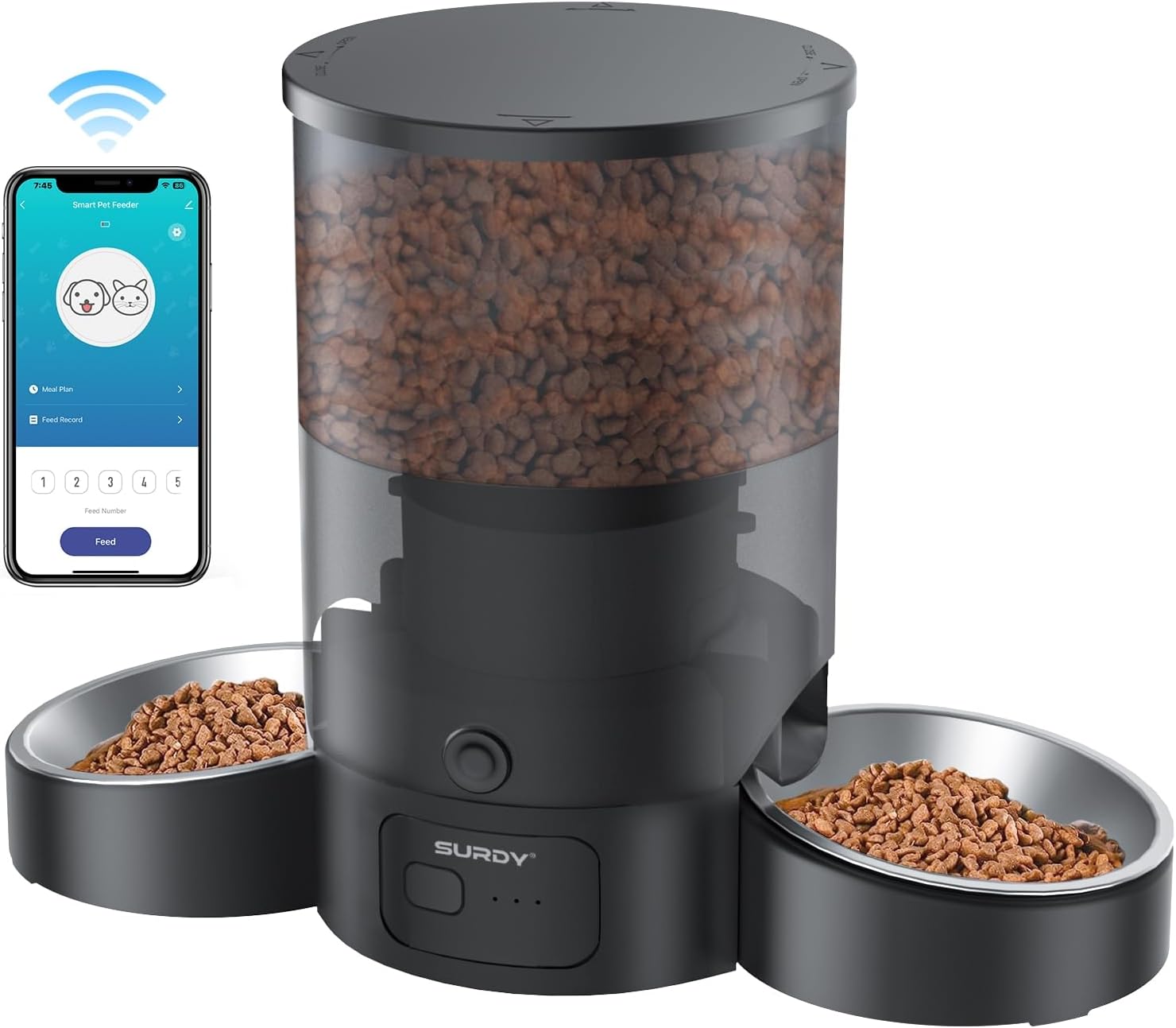 Automatic Cat Food Dispenser, SURDY 2.4G WiFi Pet Feeder with APP Control for Remote Feeding, 3L Automatic Cat Feeder for Two Cats, Dogs & Small Pets 1-10 Meals, Dual Power Supply, 10s Meal Call