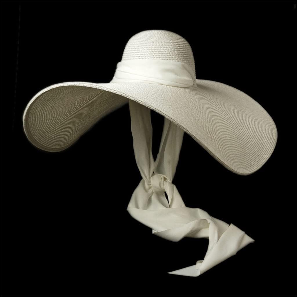 SHZBCDN Women White 25cm Sun Hat Soft Silk Ribbon Tie Wide Brim Floppy Hat Giant Beach Straw Hat Summer Hat Cap