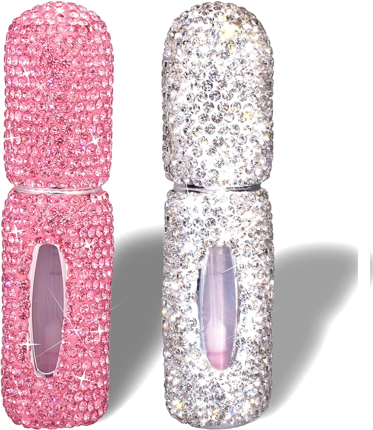 FEENM Perfume Spray Bottle 5ML 2PCS White&Pink Bling Rhinestone Empty Portable Travel Fine Mist Refillable Mini Spray Dispensers for Perfume, Essential Oil