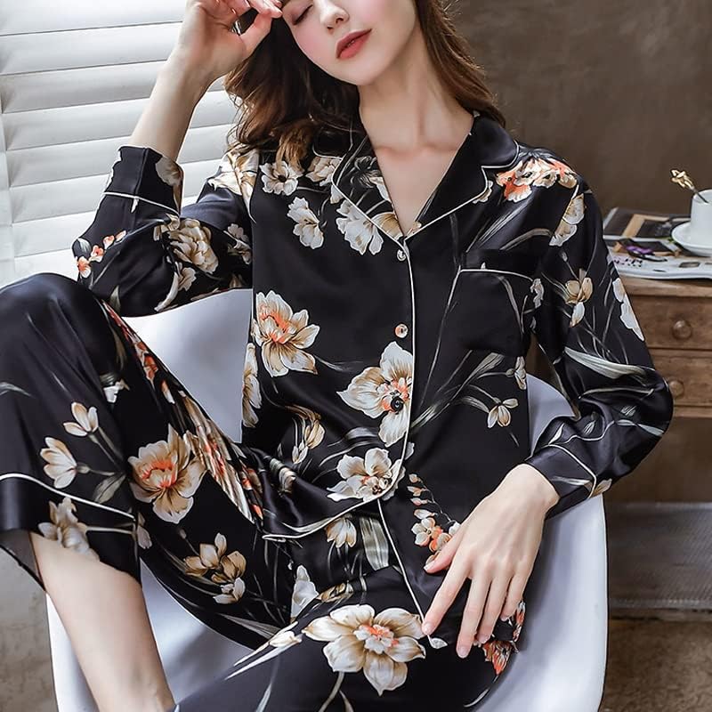 TJLSS 100% Mulberry Silk Pajamas Women Real Silk Pajama Sets Sleepwear Floral Printed Flower Long Sleeve Pyjamas Plus Size (Color : Black, Size : L Code)