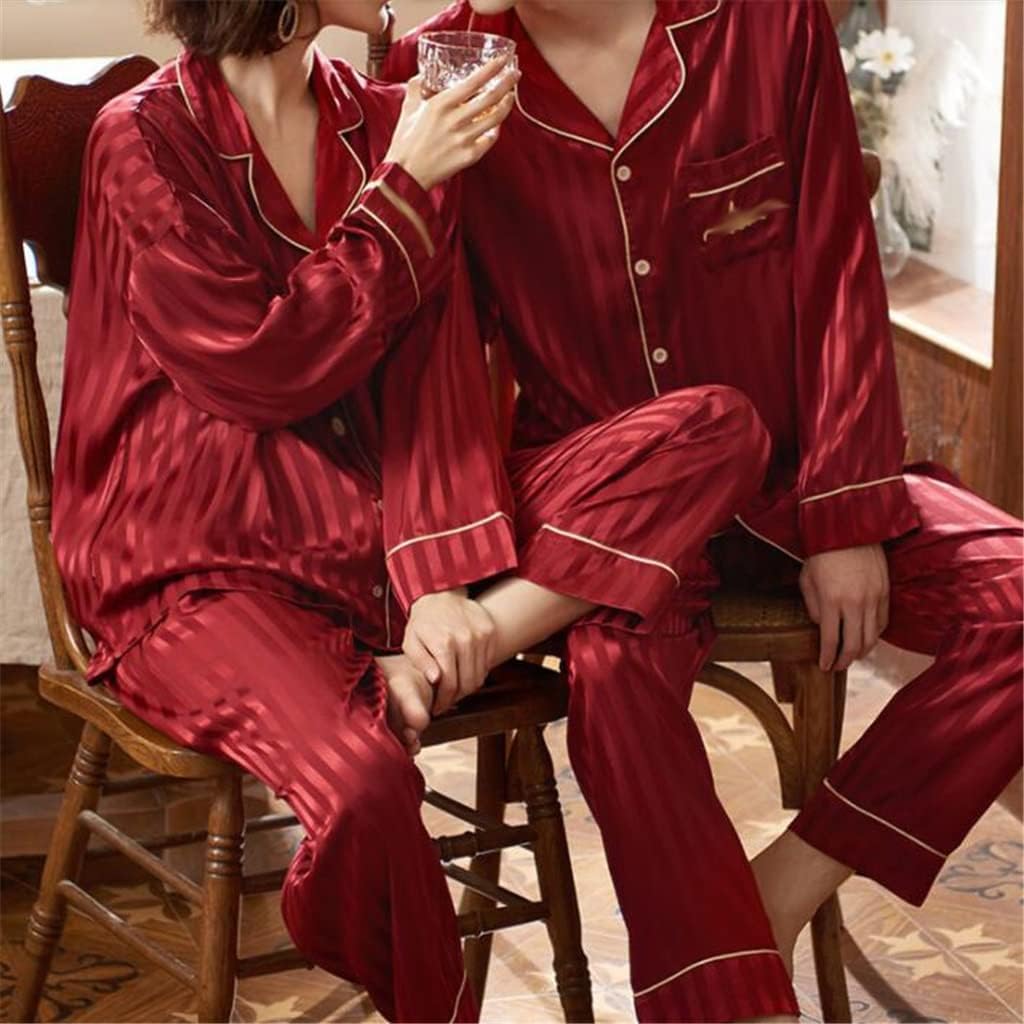 SDGH Ice Silk Wedding Red Long-Sleeved Couple Pajamas Female Newlywed Home Service Male (Color : D, Size : M Code)