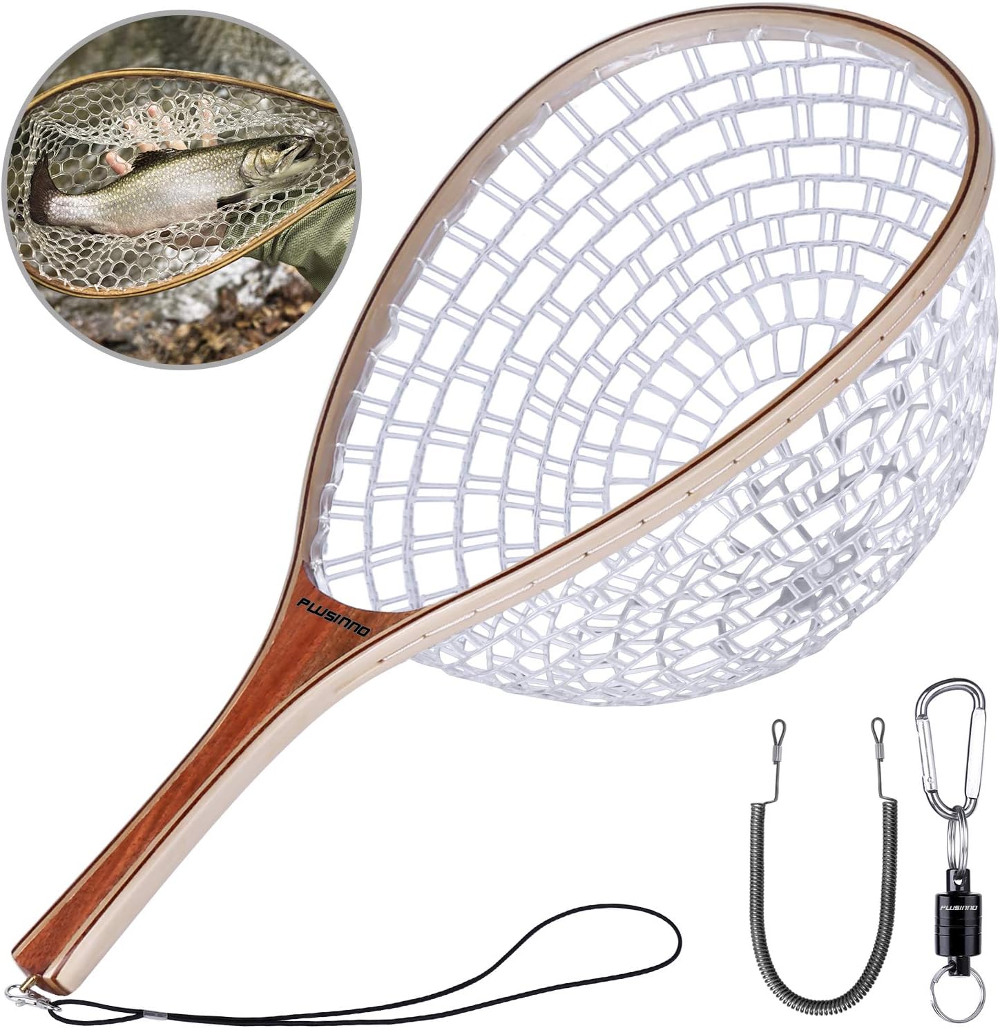 PLUSINNO Fly Fishing Net, Wooden Frame Fishing Landing Net with Magnetic Release, Soft Rubber Mesh Net for Trout Bass Catch and Release, Magnetic Fly...