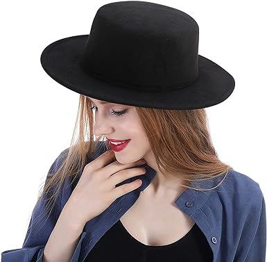 YEAJOIN Fashion Classic Black Fedora Flat Hat, Wide Brim Jazz Hats Church Derby Cap for Women and Men