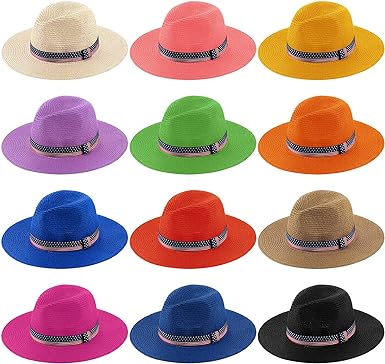 Jeyiour 12 Pack Straw Fedora Hat for Men Women Classic Wide Brim Straw Hat Beach Colorful Sun Hat Bulk Panama Hat for Beach Summer Outdoors Camping Supplies Patriotic Costume Accessory
