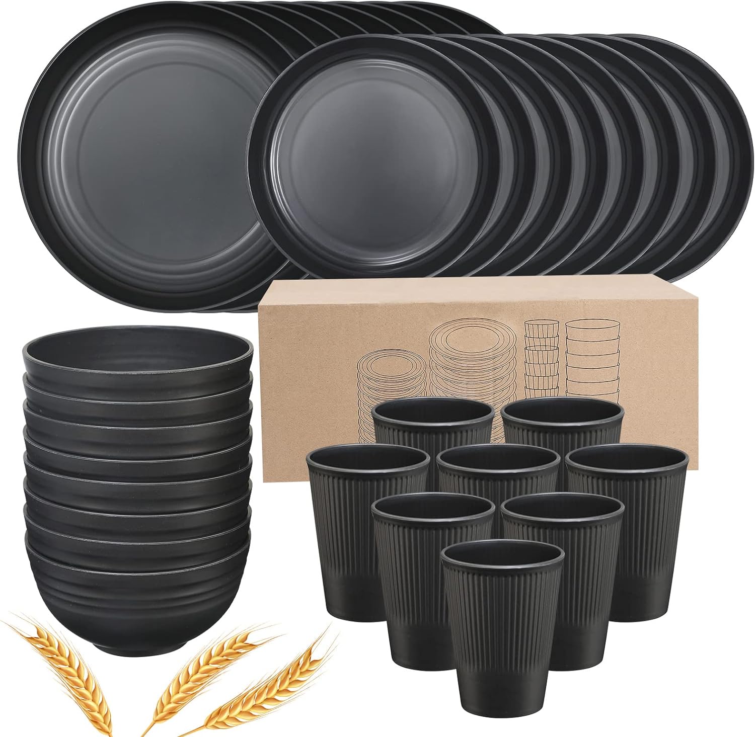 DUOLUV Plates and Bowls Sets for 8, 32-Piece Kitchen Dinnerware Set for 8 Tableware Wheat Straw Dinner Plates, Dessert Plates, Bowls and Cups, Dishes Set for Home Parties Camping - Black