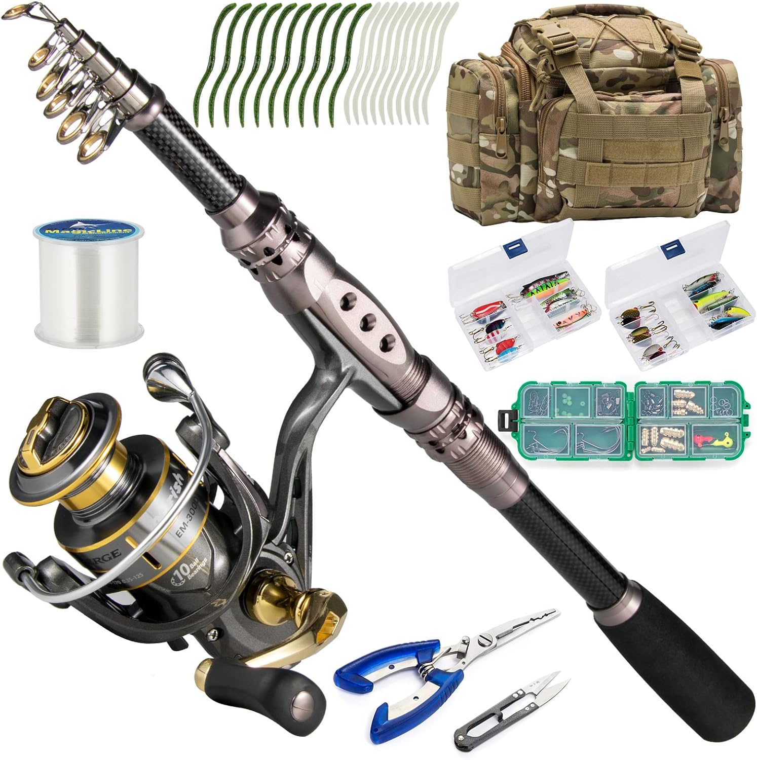 Dr.Fish Fishing Rod and Reel Combos 125pcs Full Kit Carbon Fiber Telescopic Spinning Rod 9+1BB Spinning Reel Tackle Bag Lines Lure Bait Accessories Fishing Gear Kit Organizer 4 Size Rod Saltwater Fres