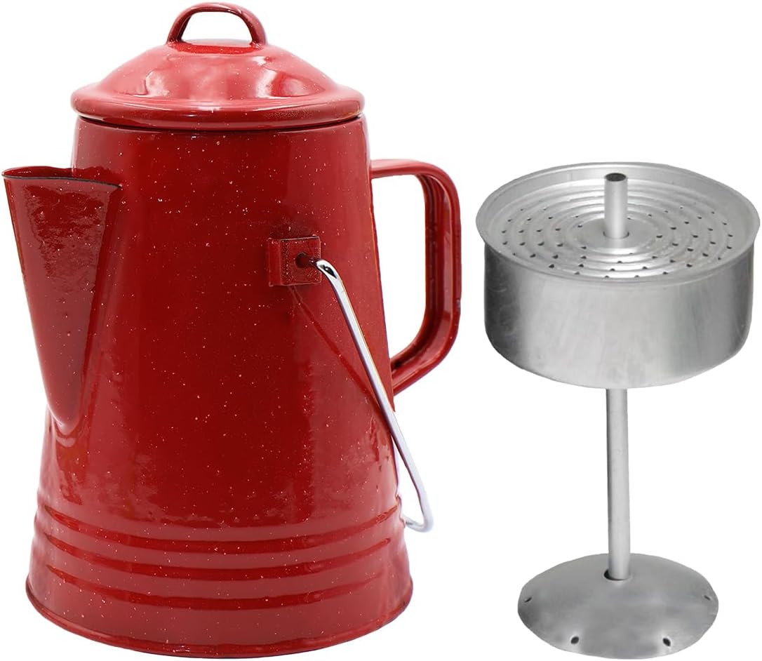 Grip Coffee Percolator (Red) - Durable Glazed Enamel Steel - Prepare Coffee Over the Fire - Camping, Hiking, Backpacking, Fishing, Hunting - (8 Cups)
