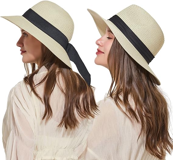 Facecozy 2 Pieces Straw Sun Hats for Women Wide Brim Panama Hat UV UPF50+ Travel Fedora Beach Hat for Summer
