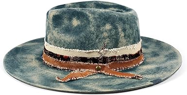 Vintage Wide Brim Fedora Hats for Mens Women 100% Wool Felt Panama Rancher Hat with Lightning Logo Distressed/Burned