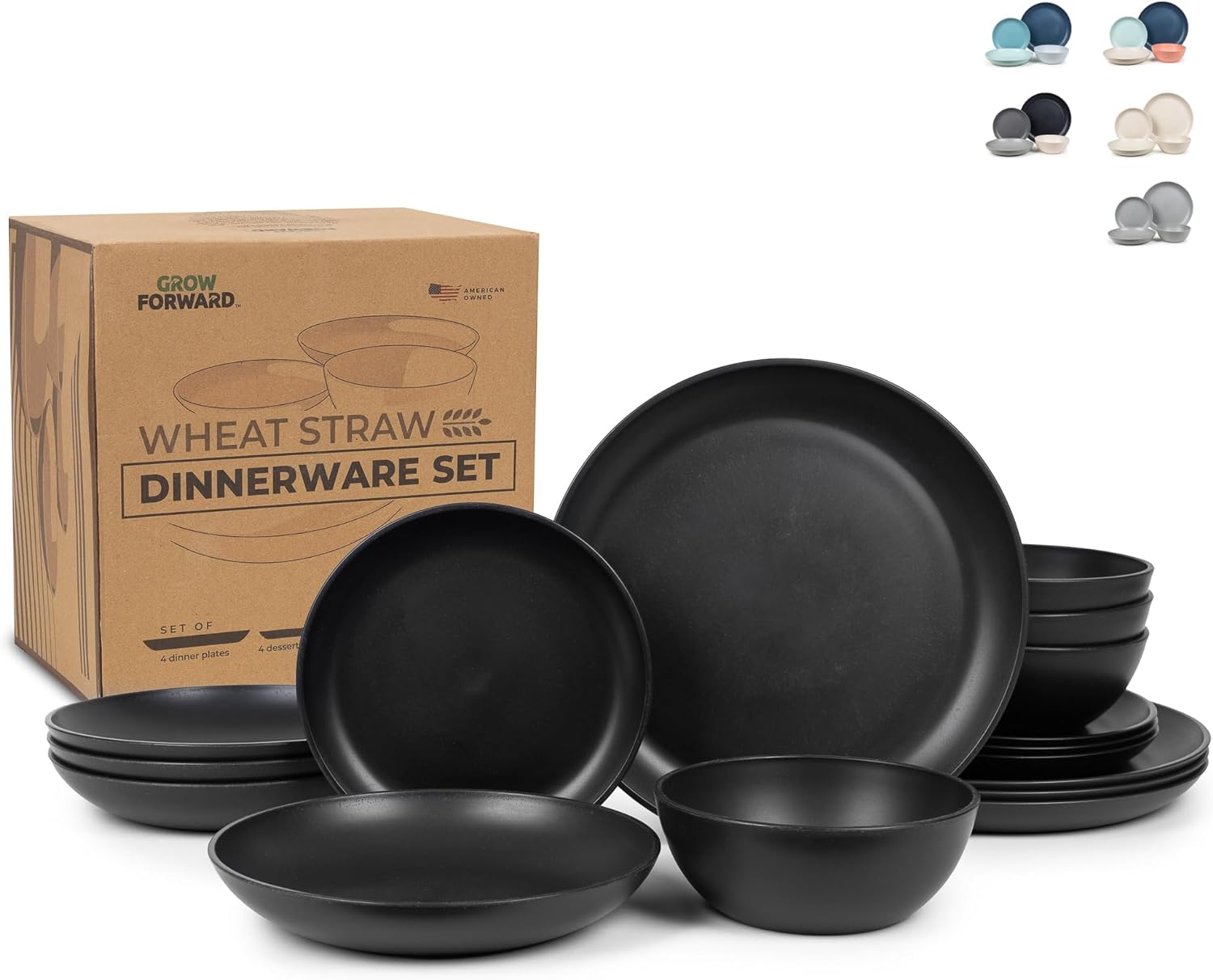 Grow Forward 16-piece Premium Wheat Straw Plastic Dinnerware Sets for 4 - Dinner Plates, Dessert Plates, Pasta Bowls, Cereal Bowls - Microwave Safe Plates and Bowls Sets, RV, Camping Dishes - Midnight