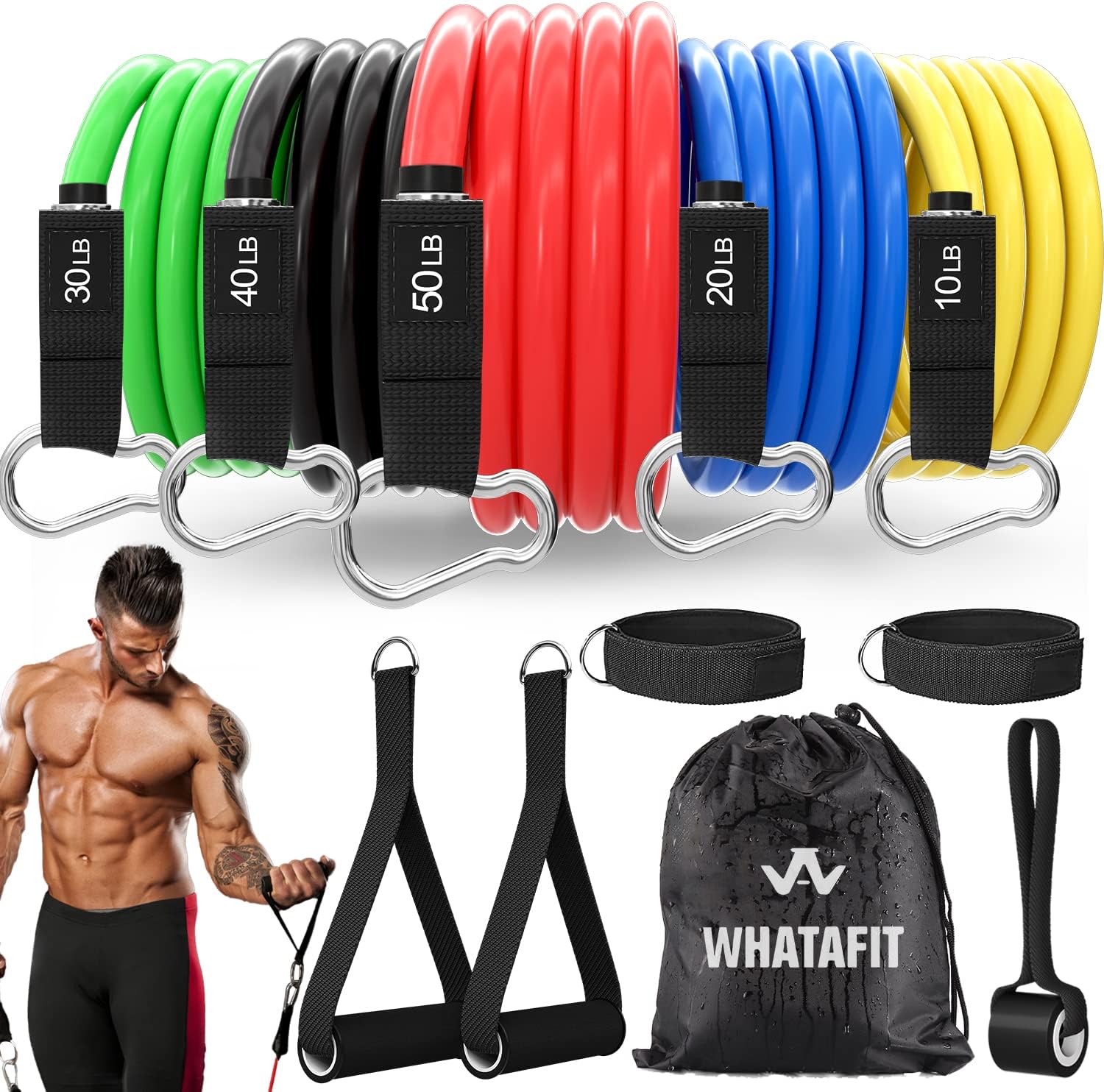 WHATAFIT Resistance Bands Set, Exercise Bands with Door Anchor, Handles, Carry Bag, Legs Ankle Straps for Resistance Training, Physical Therapy, Home...