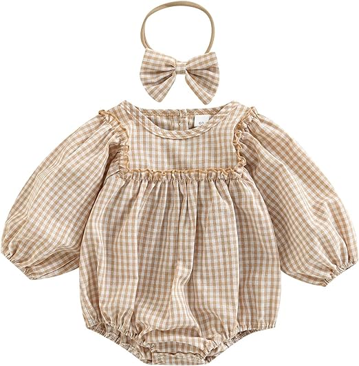 Douhoow Infant Baby Girl Plaid Romper Baby Sweatshirt Romper Ruffle Festival Clothes Fall Winter Outfits with Headband