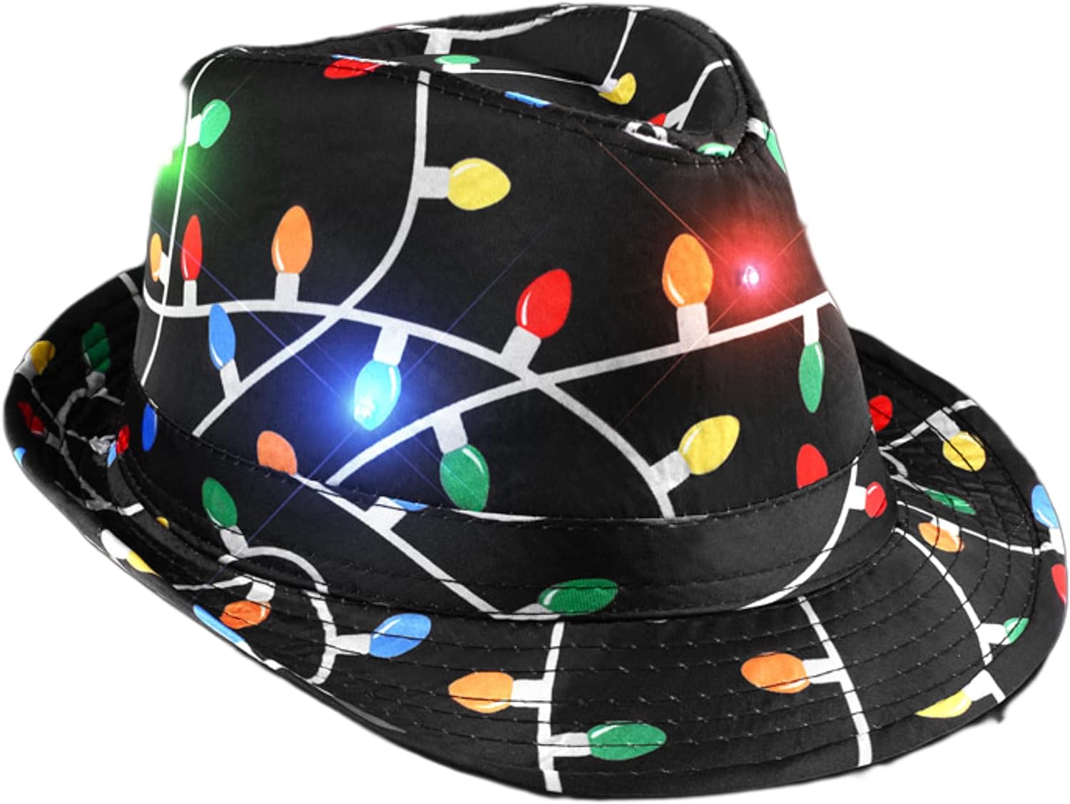 Black Fedora in Christmas Bulb Prints with Multicolor LEDs