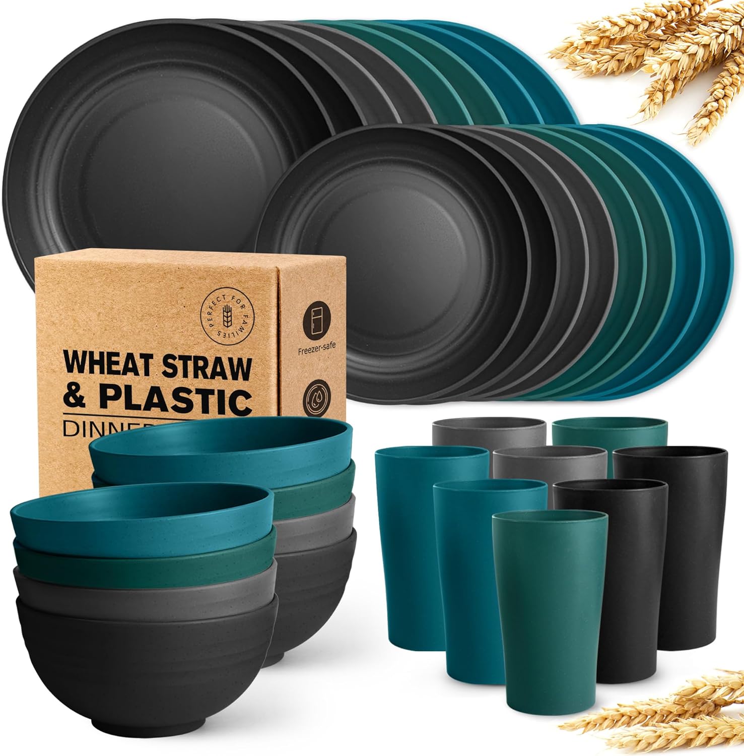 Teivio 32-Piece Kitchen Plastic Wheat Straw Dinnerware Set, Service for 8, Dinner Plates, Dessert Plate, Cereal Bowls, Cups, Unbreakable Plastic Outdoor...