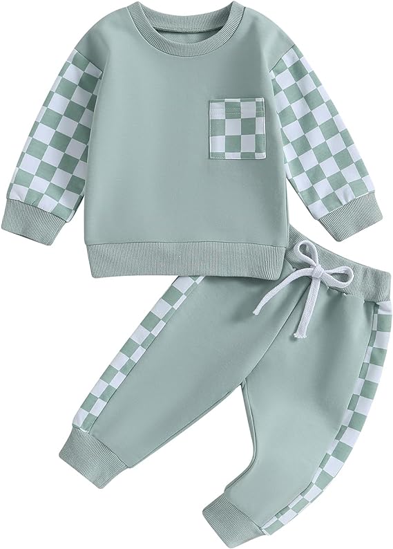 Toddler Baby Boy Fall Outfit Checkerboard Patchwork Long Sleeve Sweatshirts Elastic Waist Pants Cute Newborn Clothes Set