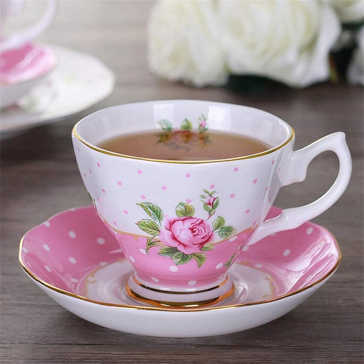 dhaonxb Easy Coffee Cup, Bone China Coffee Cup Flower Handmade, Cup and Saucer Set, Tableware and Table Decoration Wave Rose Pink (A)