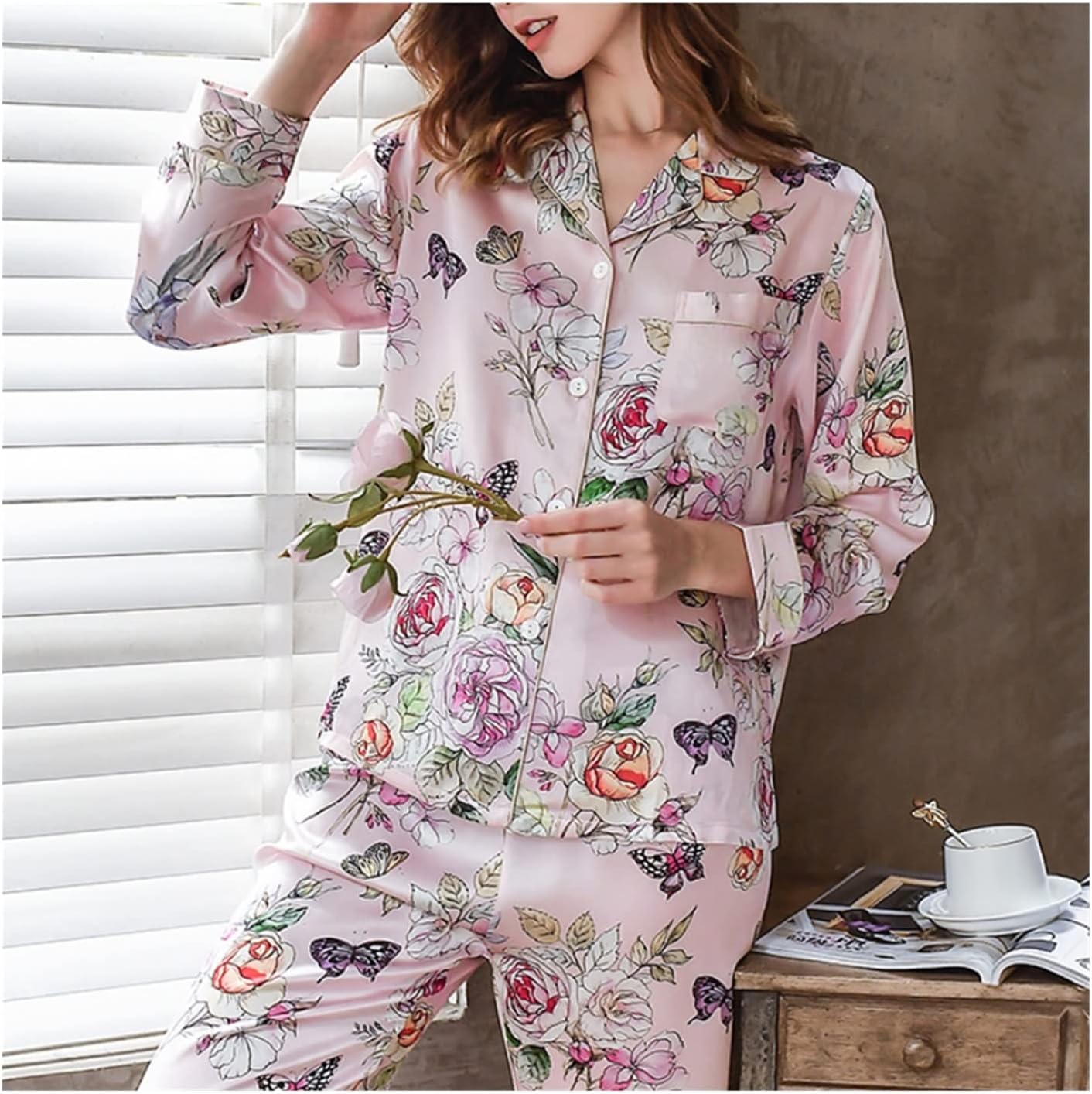 TJLSS 100% Mulberry Silk Pajamas Women Real Silk Pajama Sets Sleepwear Floral Printed Flower Long Sleeve Pyjamas Plus Size (Color : A, Size : L Code)