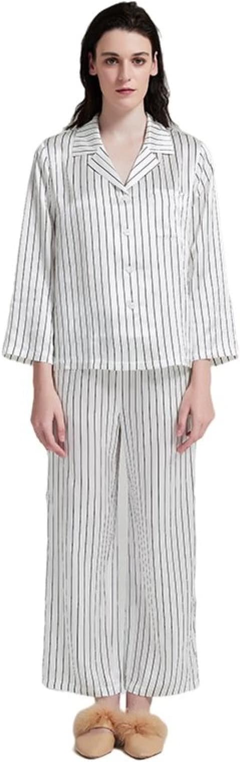 Women's Pajamas Long Sleeve Pants Set Black and White Striped 100% Mulberry Silk Loungewear,White,L