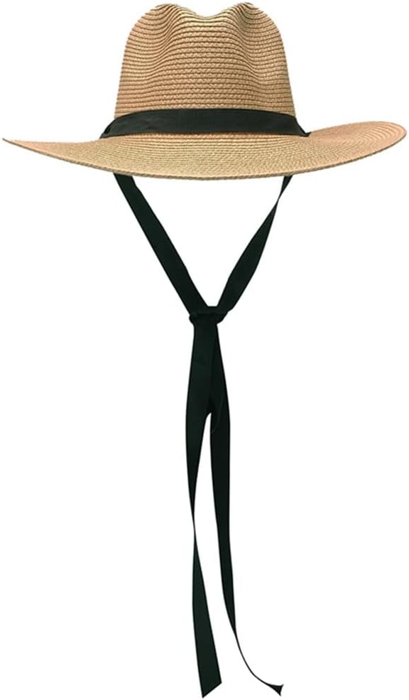 WENLII Women Summer Hat Men Hat Panama Chin Strap Garden Beach Sun Hat Wide Brim Wind Lanyard (Color : Camel Ribbon)
