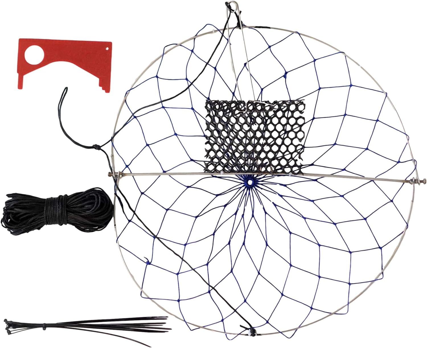 Folding Crab Trap with Casting Rope and Mesh Bait Box and Dungeness Crab Measuring Tool and Zip Ties Castible